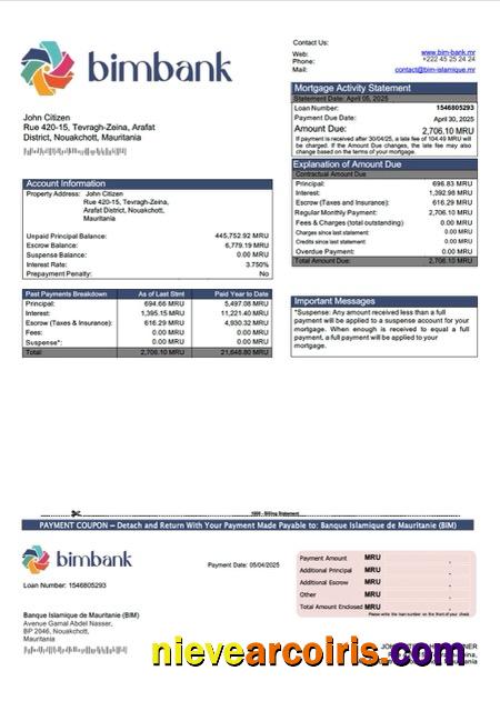 Mauritania Banque Islamique de Mauritanie (BIM) mortgage statement Word and PDF template